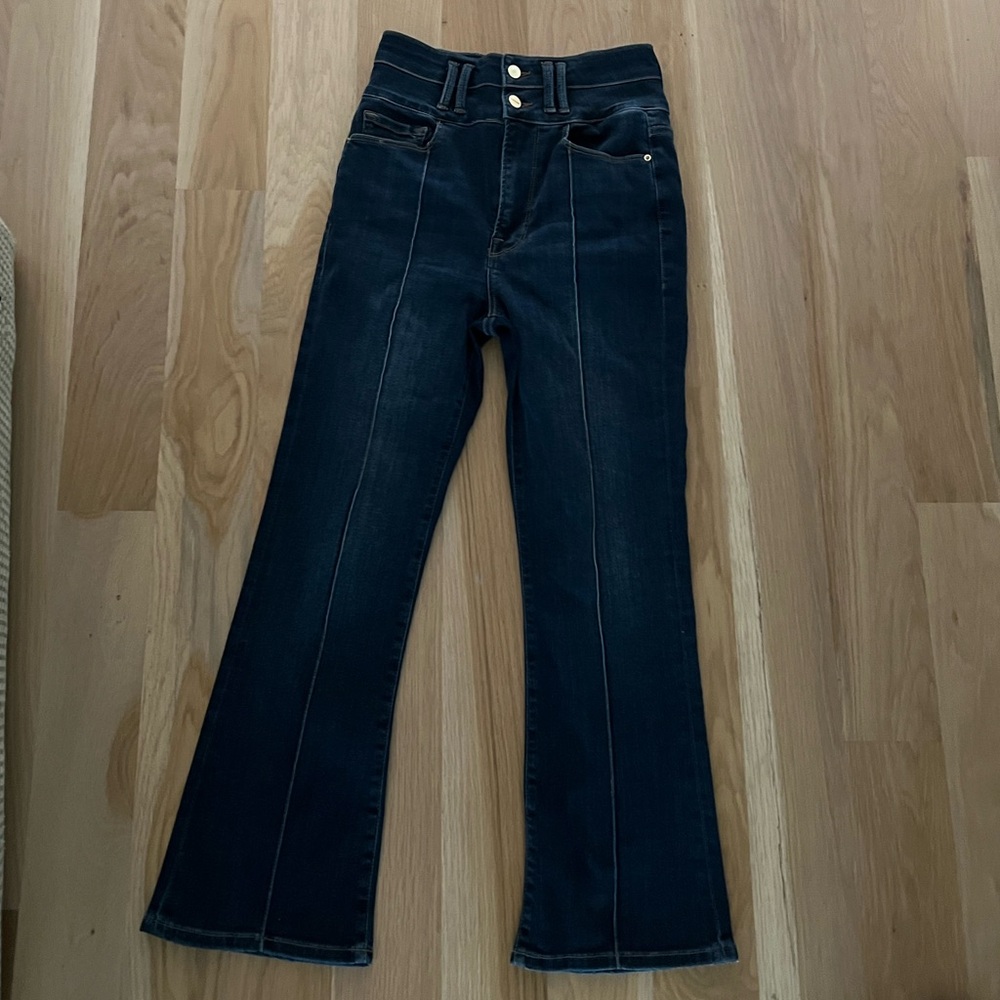 Frame Denim Dark Indigo High-Rise Flare Jeans with Front Seams